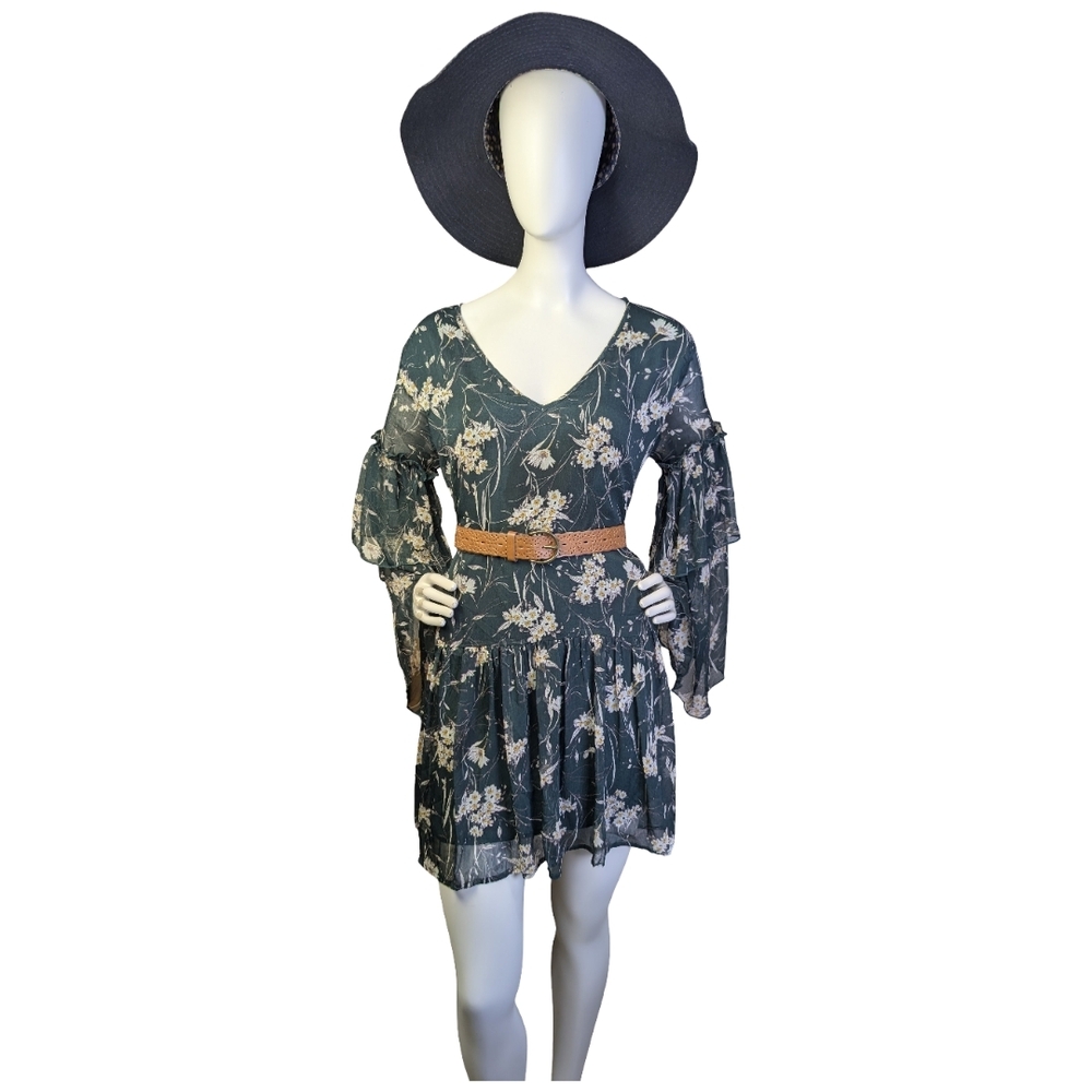 Lost in Lunar Floral Bell Sleeve Festival Mini Dress | Bohemian Hippie  | Size 8